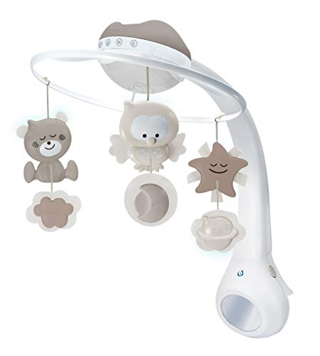 Infantino 3-in-1 Projector Musical Mobile in Grau – Mobile, Tisch- & Kinderbettlampe und Sternprojektor für Babys – Mit beruhigenden Melodien und Naturgeräuschen