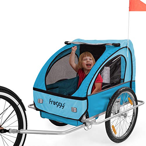 FROGGY Kinder Fahrradanhänger mit Federung + 5-Punkt Sicherheitsgurt Radschutz Anhänger für 1 bis 2 Kinder Design Sky